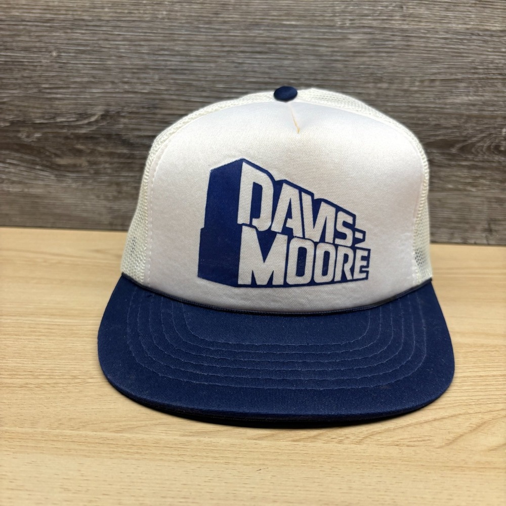 Vintage Davis-Moore Hat Cap Snap Back Blue White Trucker Mesh Car Dealership 80s
